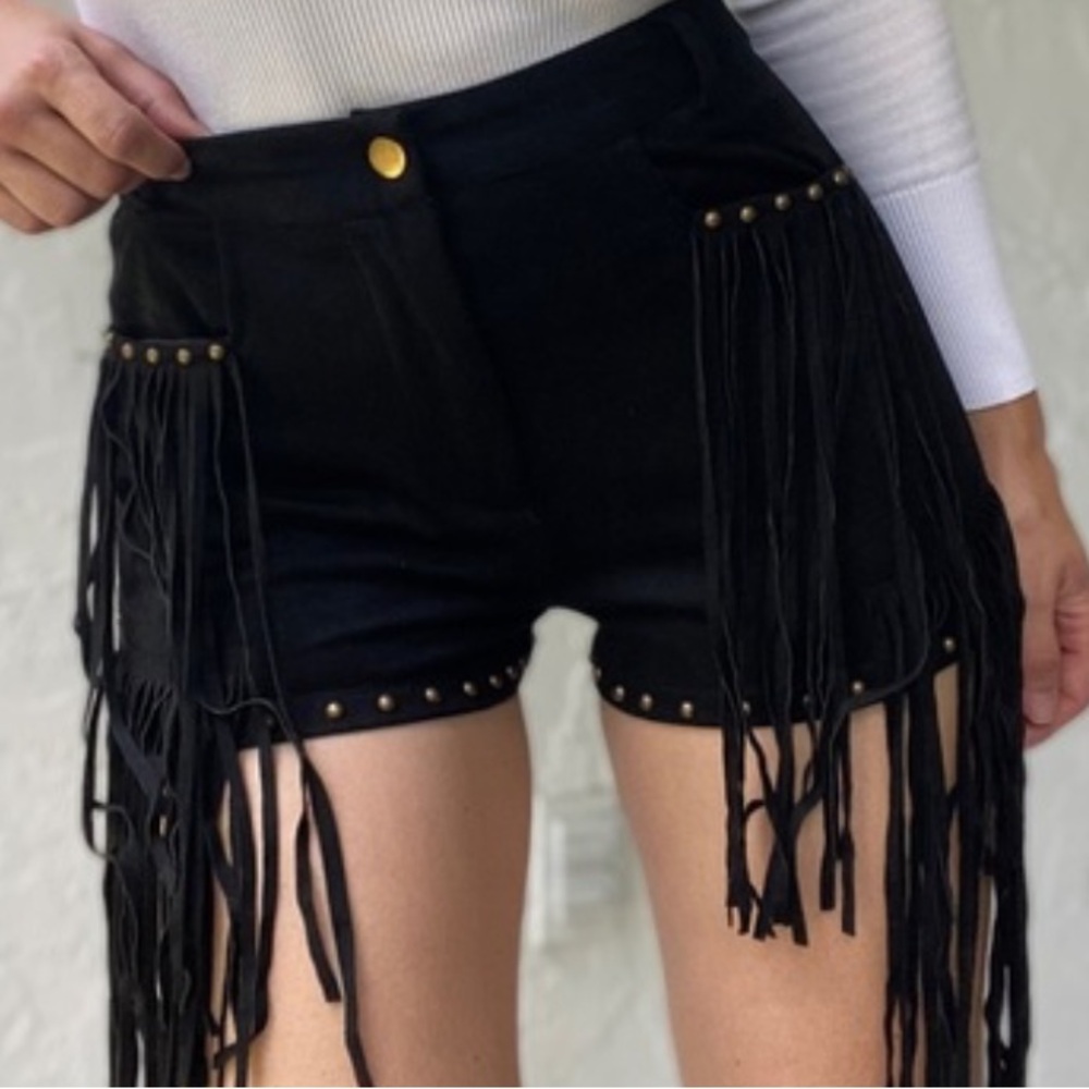 Suede Western Fringe Shorts with Studs- Blue B Collection